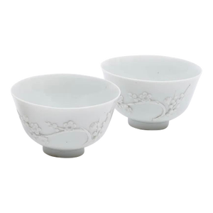 Antique 19th Century Chinese Export Blanc De Chine Porcelain Tea Cups or Bowls With Relief Molded Flowering Prunus Branches - A Pair