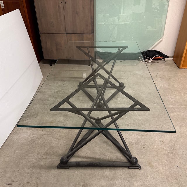 Industrial Formations Dual Iron Pedestal Base Glass Dining Table For Sale - Image 3 of 16