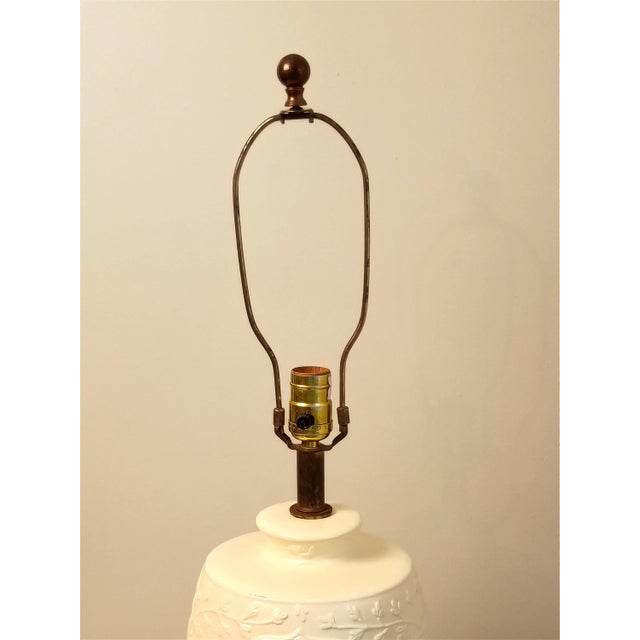 1980s Blanc De Chine Table Lamp Base White Porcelain Chinoiserie Chrysanthemum Relief Patinated Brass Base Grandmillenial Cottage Accent Decor For Sale - Image 4 of 13