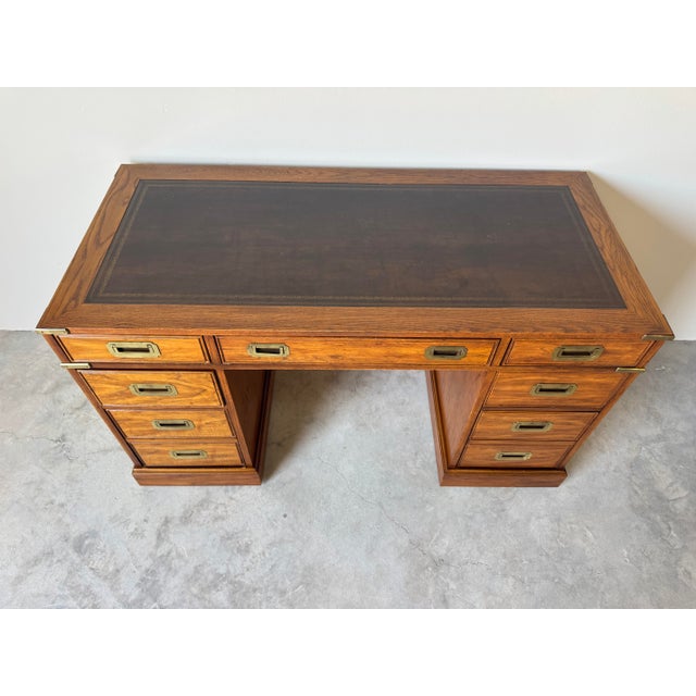 1970’s Hollywood Regency Military Campaign Style Executive Desk With Brass Hardware For Sale - Image 4 of 12
