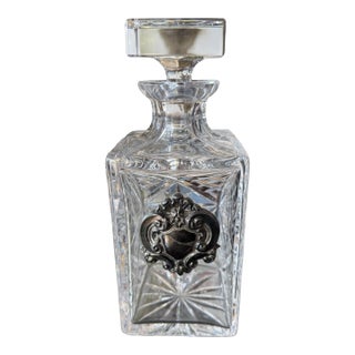 Vintage Atlantis Crystal Liquor Whiskey Pattern Glass Decanter With Silverplate Crest For Sale