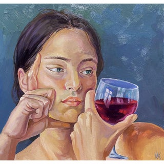 Oil Painting Beautiful Girl With a Glass of Wine Victor Konotopsky For Sale