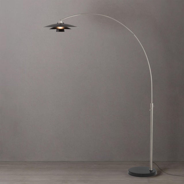 Nova Rancho Mirage Float Arc Lamp - Modern Satin Nickel, Black Marble Base, Fleur Matte Black Shade, Mid Century Floor Lamp, Dimmable For Sale - Image 4 of 6