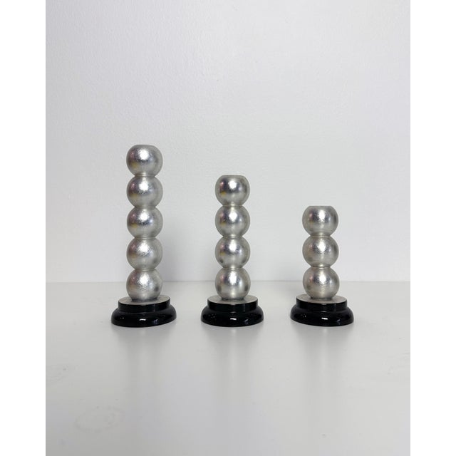 Postmodern Silver Leaf and Lacquered Stacked Sphere Candle Holders - S/3 For Sale - Image 4 of 9