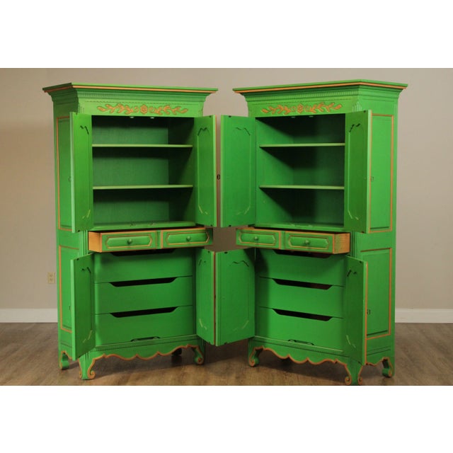 French French Louis XV Style Custom Green Painted Large Armoires - A Pair For Sale - Image 3 of 13