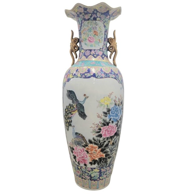 Mid 20th Century Monumental Palace Sized Porcelain Vintage Chinoiserie Famille Rose Giant Floor Vase Room Decor For Sale - Image 5 of 14