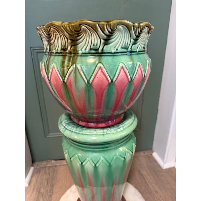 Monumental Antique Weller Pottery Blended Majolica Jardiniere & Pedestal Set For Sale - Image 6 of 14