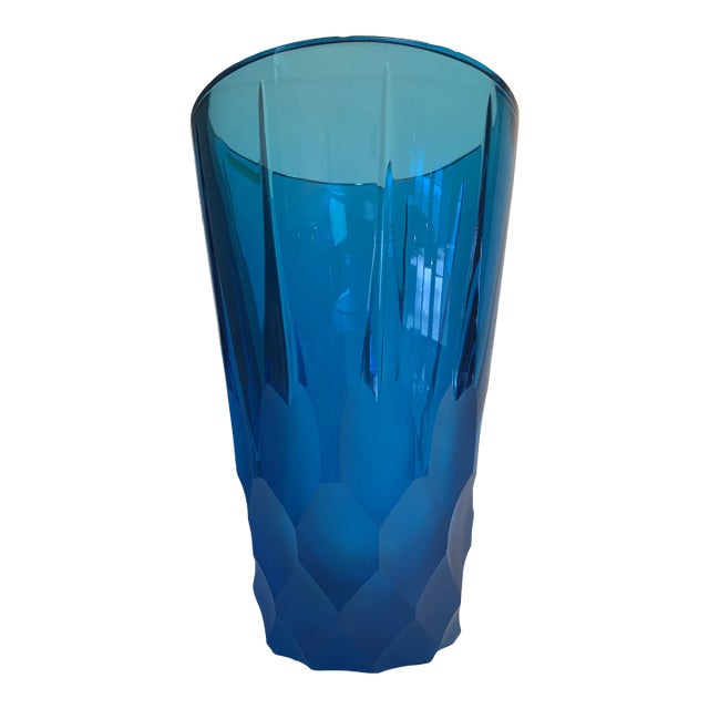 2020s Italian Blue Crystal Handmade Cut Vase For Sale