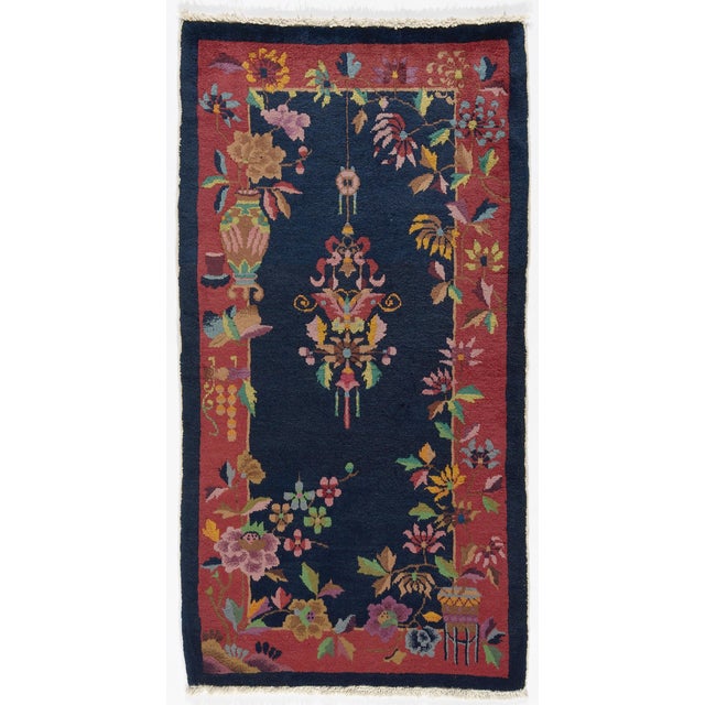 Navy Blue 1920s Chinese Deco Rug | Vintage Chinese Art Deco Rug | Floral Deco Rug For Sale - Image 8 of 10