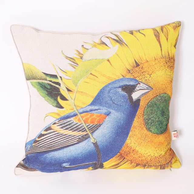 Standout pair of linen throw pillows printed with blue birds and sunflowers. Please inquire if you'd like to purchase a...