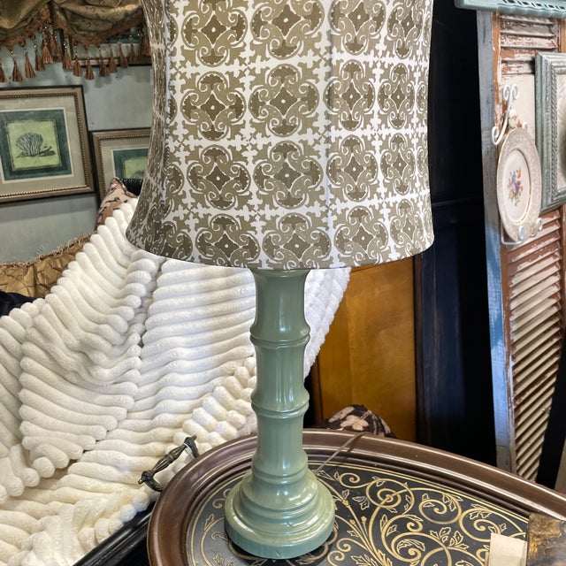 Textile Vintage Faux Bamboo Table Lamp With Printed Geometric Shade For Sale - Image 7 of 7