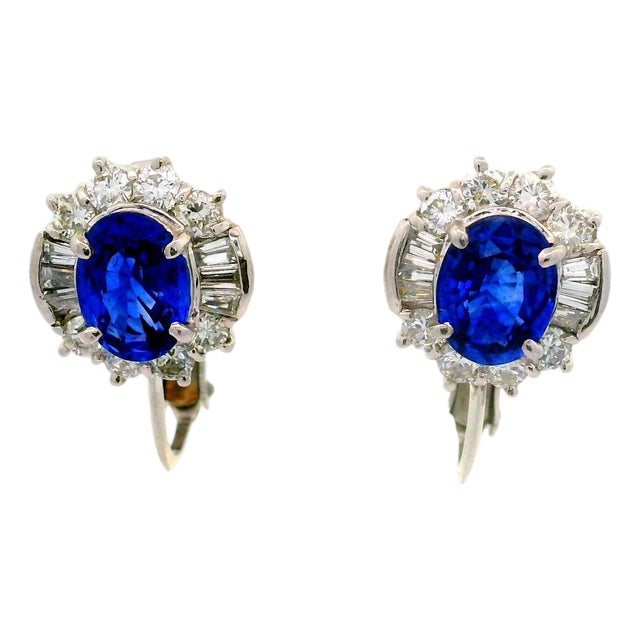 Blue Sapphire Diamond 14k White Gold & Platinum Clip Earrings, A Pair For Sale