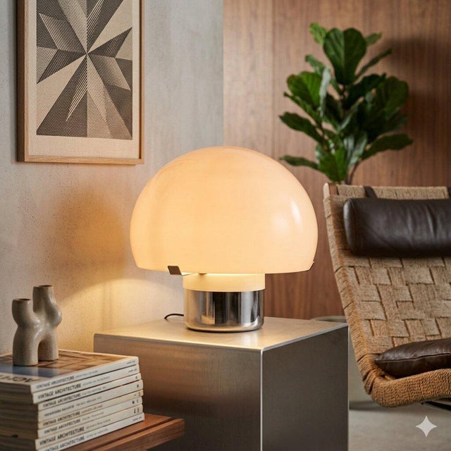 Vintage table lamp with chromed metal and aluminum base, rounded lampshade made of white plastic material. Good condition....