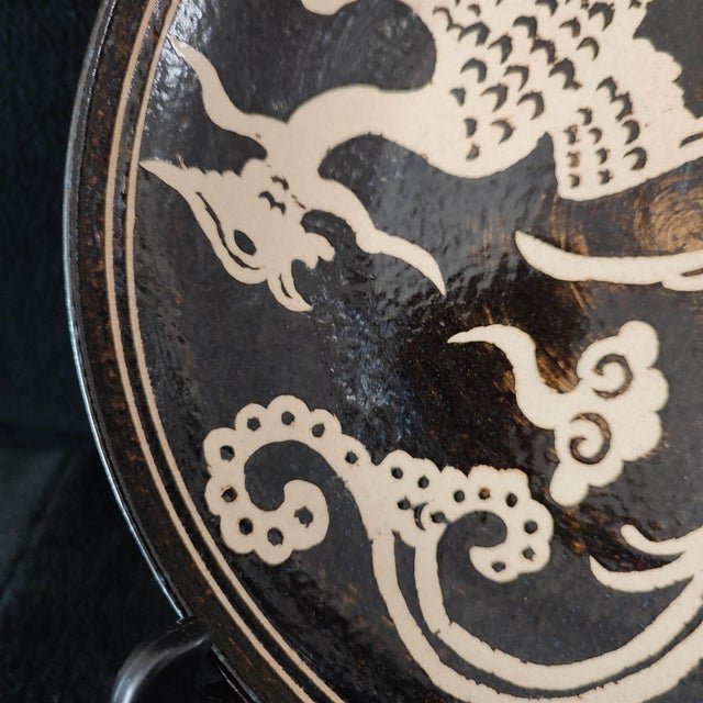 Chinese Ceramic Plate,Jizhou Ware Black Glaze Porcelain Plate Hand Carved Double Phoenix Pattern For Sale In Seattle - Image 6 of 10