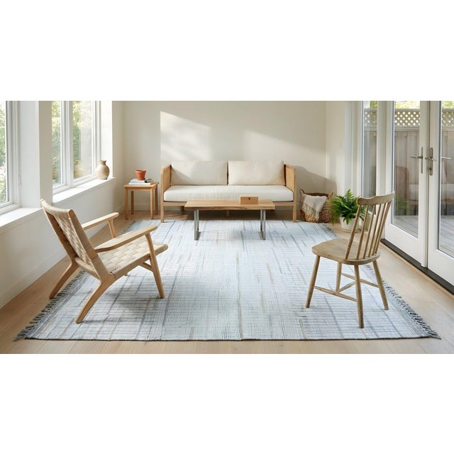 8x13 Ivory Hand-Knotted Wool Linear Blockwork Tribal Modern Carpet Rug For Sale - Image 11 of 14