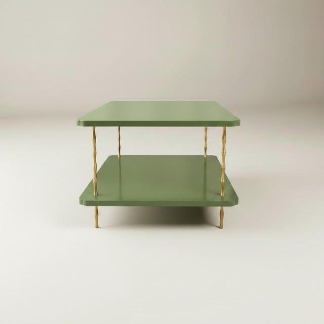 Handcrafted Satin Forest Hills Green Lacquered Two-Layer Coffee Table With Brass Bamboo Legs For Sale - Image 4 of 6