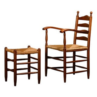 Set of Rustic Armchair and Stool in Stained Oak and Rush, 1950s For Sale