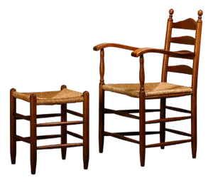 Set of Rustic Armchair and Stool in Stained Oak and Rush, 1950s