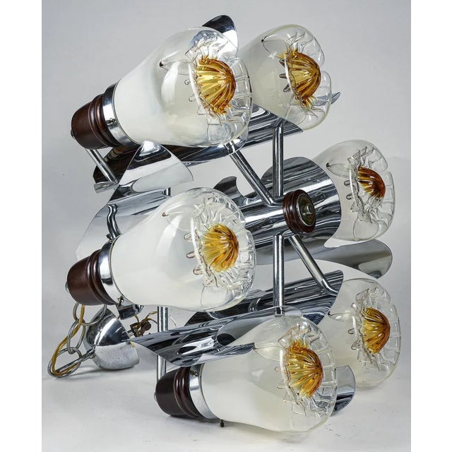 Mazzega Murano glass Space Age chandelier with steel, mouth-blown glass and wood. 1960s or 1970s. Category: Space Age...