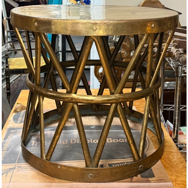 Campaign Neo-Classical Campaign Style Tambour Drum Form Brass Side Table Att. Sarreid For Sale - Image 3 of 4