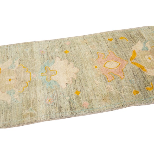 Tan Modern Oushak Handmade Floral Wool Runner For Sale - Image 9 of 11