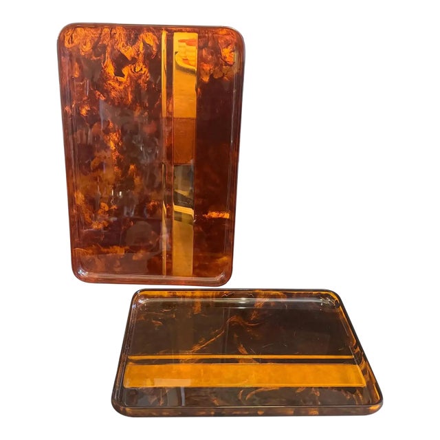 1970s Set of Two Mid-Century Modern Faux Tortoiseshell Lucite Trays by Guzzini For Sale