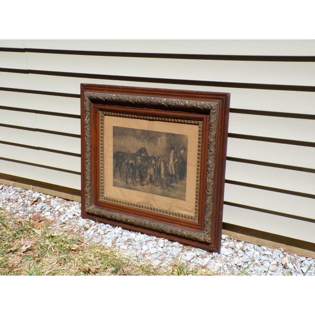 Antique Victorian Equestrian Horse Lithograph Print in Solid Oak Wood Gilt Gesso Double Frame. Titled "TWIXT LOVE AND...