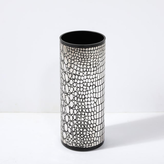 Metal Mid-Century Black Glass Vase With Sterling Silver Overlay Crocodile Motif For Sale - Image 7 of 11