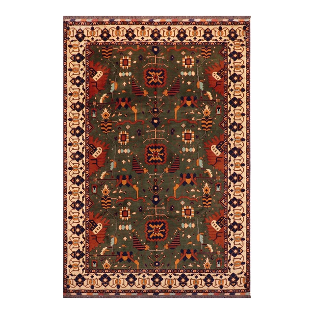 Tribal Kargahi 1980's Green/Beige Wool Rug - 9'1'' X 12'6'' For Sale