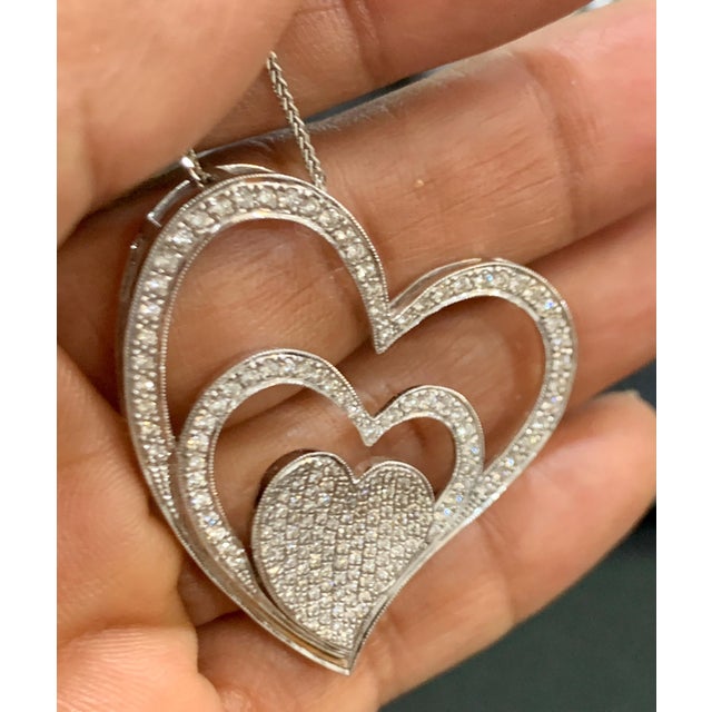 Silver 3.6 Ct Diamond 3 Heart Pendant or Necklace 18 K White Gold With 14 K Gold Chain For Sale - Image 8 of 8