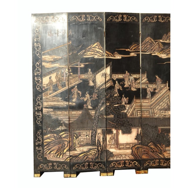 1940s Vintage Oriental Asian Palace City Coromandel Chinoiserie Black Six Panel Screen For Sale - Image 5 of 17