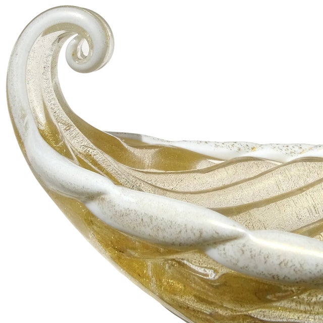 Mid 20th Century Vintage Barovier Toso Murano Gold Leaf White Trim Italian Art Glass Gondola Shaped Footed Bowl For Sale - Image 5 of 8