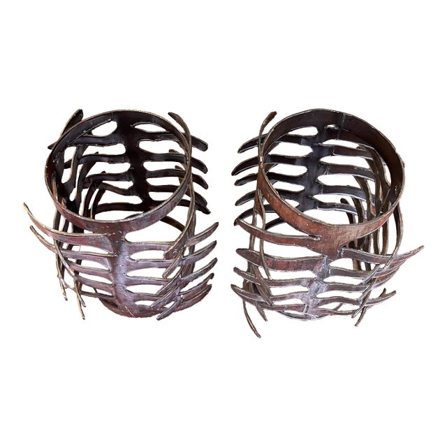 Pair of Brutalist Style Hand-Cut Metal Candle Holders, Mid-20th Century For Sale