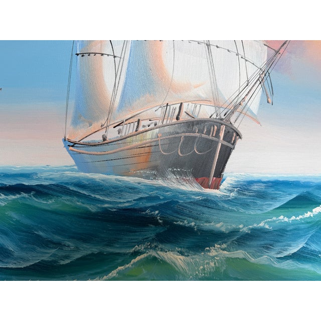 Original Marine Oil Painting Tall Ship on Open Sea Nautical Seascape Gold Frame For Sale - Image 9 of 11