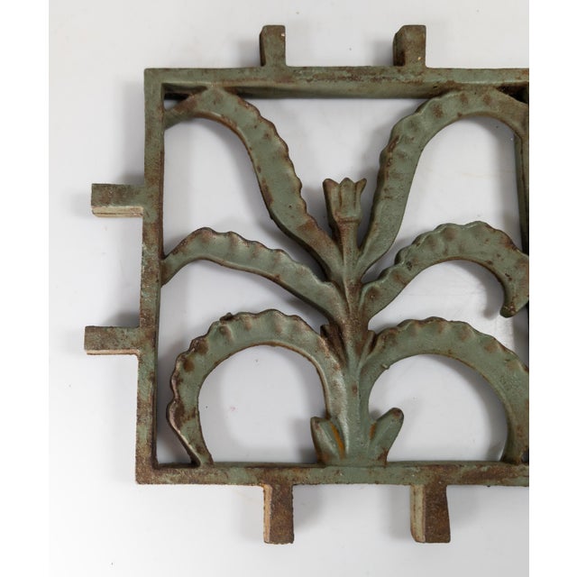 Verdigris Early 20th Century Verdigris Green Cast Iron Garden Grate Cover With Floral Design For Sale - Image 8 of 8