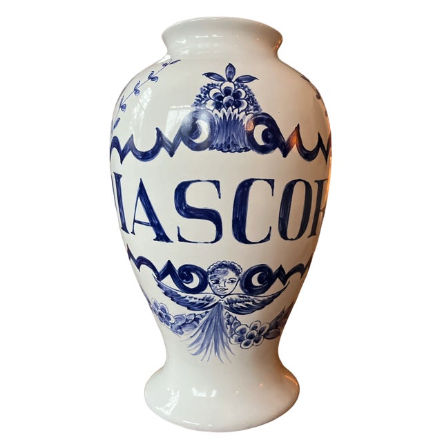 Mario Buatta 1980s Hand Painted Blue and White Azulejos Delft Apothecary Jar Vase Portugal a Pair For Sale - Image 4 of 9