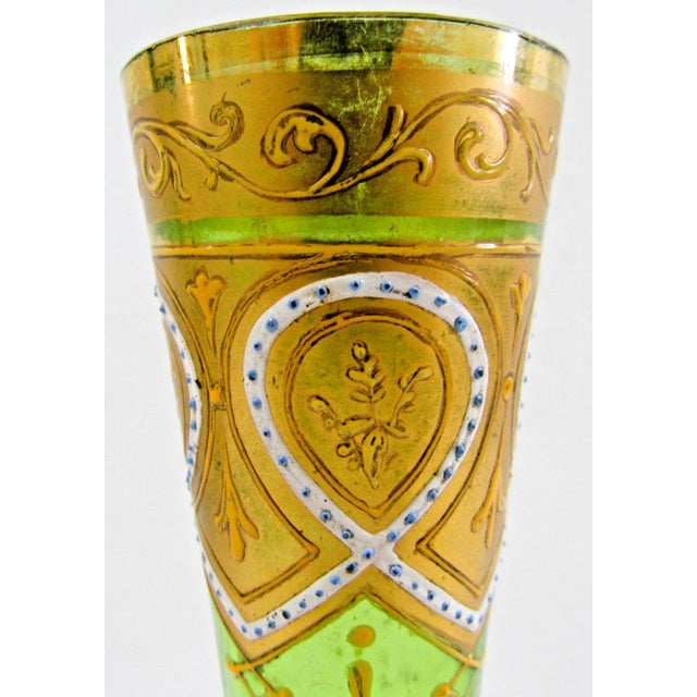 Antique Bohemian Moser-Style Green Glass Stick Vase Gold Gilding and Enamel For Sale In Miami - Image 6 of 12