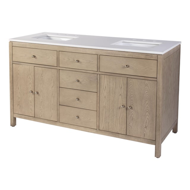 Nora 60 in. W Quartz and Wood Double Sink 4 Drawer Bathroom Vanity Set, Light Oak For Sale