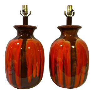 Mid-Century Orange Ceramic Lamps Brown Drip Glaze Pop Mod-A Pair