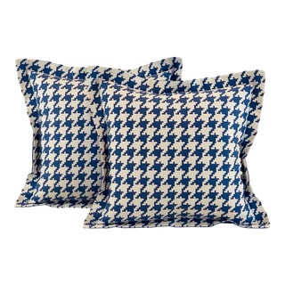 Designer Vicki Payne Free Spirit Blue & White Check Dogstooth Houndstooth Pillow Covers- 14" Pair For Sale