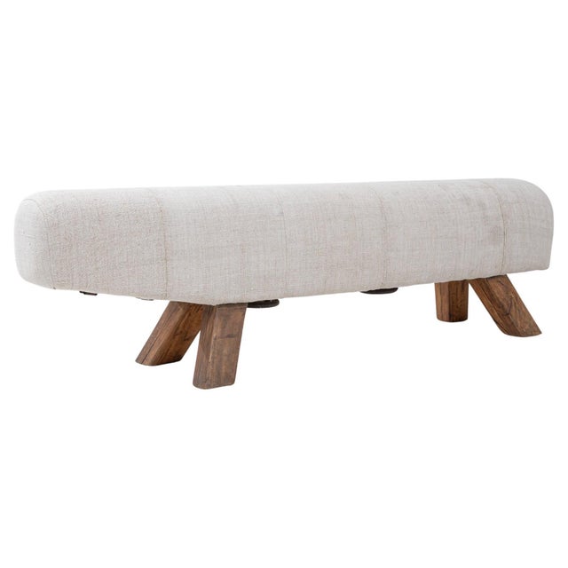 1940s Czech Mid-Century Modern Upholstered Bench With Angled Wooden Legs For Sale - Image 15 of 18