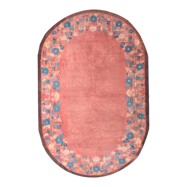 1930s Pink Rose Open Field Floral Antique Chinese Art Deco Rug 5' X 7'10" Knotted Wool Carpet For Sale