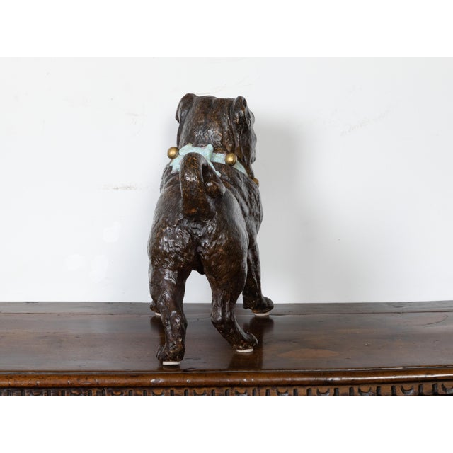 English English 1900s Standing Terracotta Pug Sculpture with Glass Eyes and Collar For Sale - Image 3 of 9