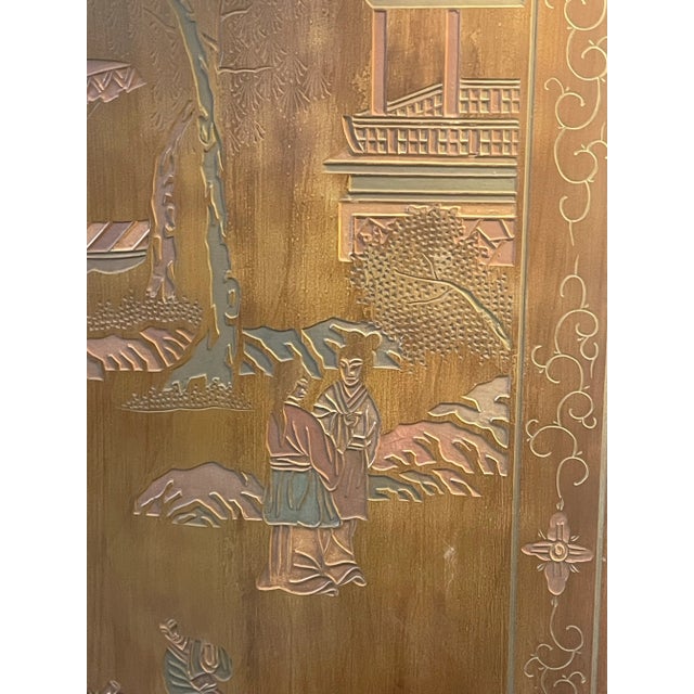 Early 20th Century Four Panel Wood Chinese Asian Coromandel Screen or Wall Art With Etched Landscape Scene For Sale - Image 9 of 11
