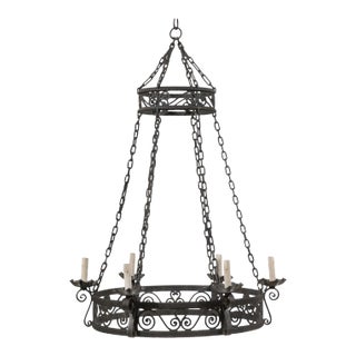 Mid 20th Century French Circular Ring Shaped Six-Light Black Iron Chandelier with Scroll Motifs For Sale