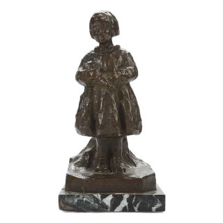 Renzo Zacchetti, Little Girl with Doll, 1920s, Bronze on Marble Base For Sale