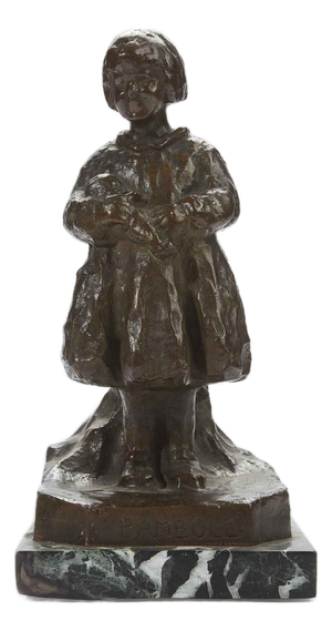 Renzo Zacchetti, Little Girl with Doll, 1920s, Bronze on Marble Base