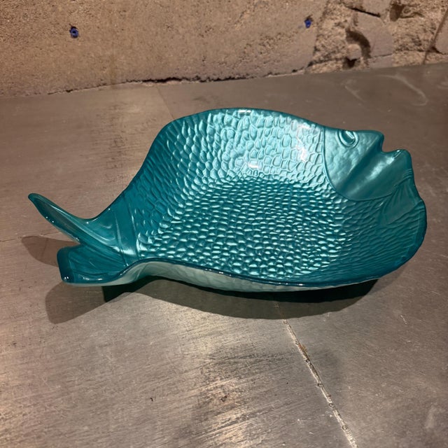 Coastal Vintage Turquoise Glass Fish Plate Mid Century Coastal Nautical Decor For Sale - Image 3 of 7