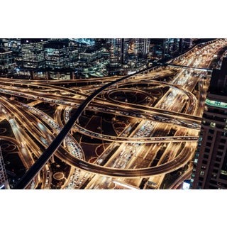 Aerialperspective Images, Aerial View of Dubai City Traffic and Road Intersection at Night, Photograph For Sale