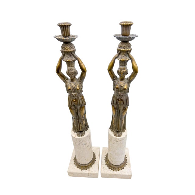 Bronze Pair of Neoclassical Figural Candlesticks For Sale - Image 8 of 13